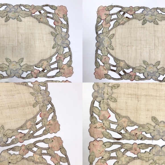 Vintage 9 PC Set Floral Hand Embroidered Scalloped Linen Table Runner Place Mats - Picture 10 of 16